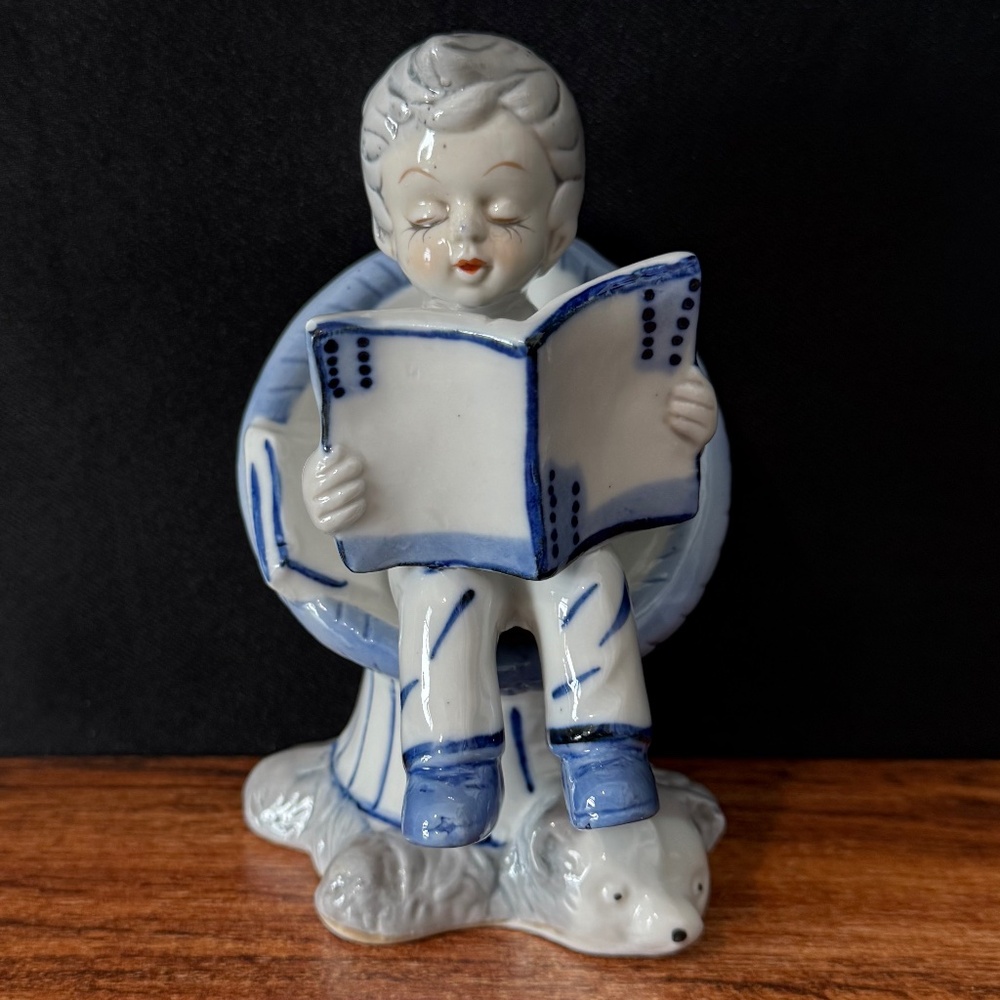 Little Boy Reading Book on Chair with Bear Rug Figurine - Picture 2 of 13